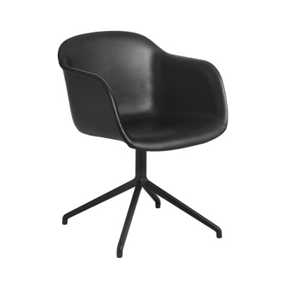 Chaise avec accoudoirs Fiber cuir noir & piètement pivotant aluminium - Muuto