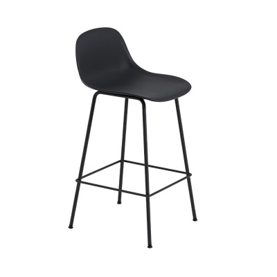 Tabouret avec dossier Fiber composite bois et plastique noir & piètement acier H87,5 cm - Muuto
