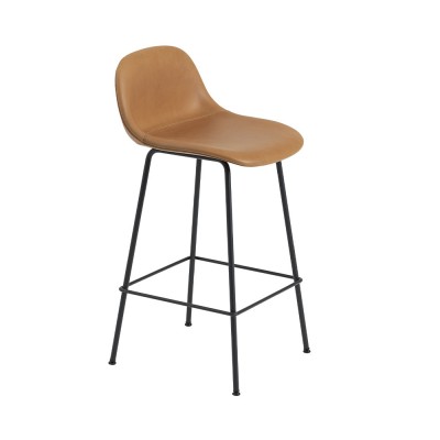 Tabouret avec dossier Fiber cuir cognac & piètement acier H87,5 cm - Muuto