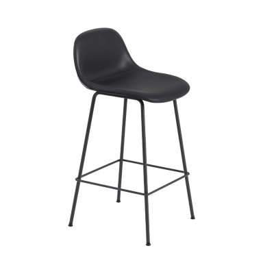 Tabouret avec dossier Fiber cuir noir & piètement acier H87,5 cm - Muuto