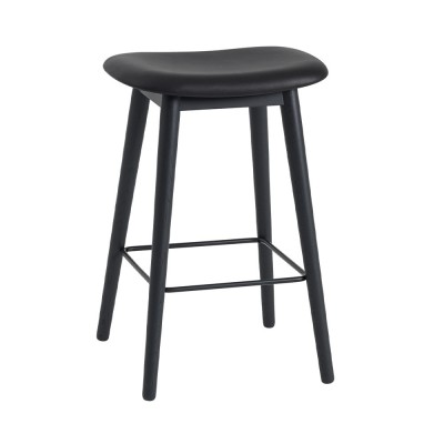 Tabouret Fiber cuir noir & piètement bois H66 cm - Muuto