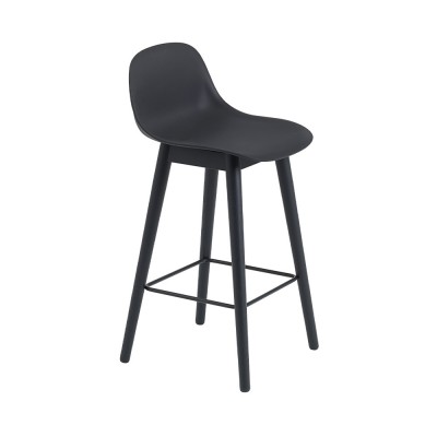 Tabouret avec dossier Fiber composite bois et plastique noir & piètement bois H87,5 cm - Muuto