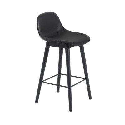 Tabouret avec dossier Fiber cuir noir & piètement bois H87,5 cm - Muuto