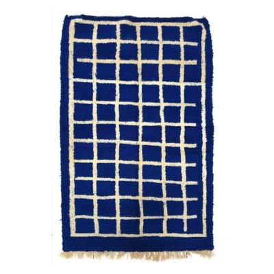 Tapis Beni Ouarain carreaux fins beige fond bleu foncé M - Chabi Chic