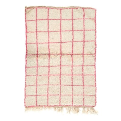 Tapis Beni Ouarain carreaux fins rose fond beige S - Chabi Chic