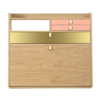 Secrétaire mural Gaston 80 cm chêne - laiton & abricot - Hartô